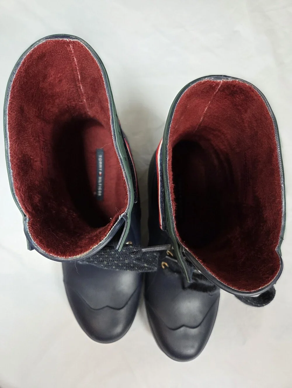 Tommy Hilfiger Navy Blue Rain Boots w/Red Faux Fur Lining Slip On Size 8